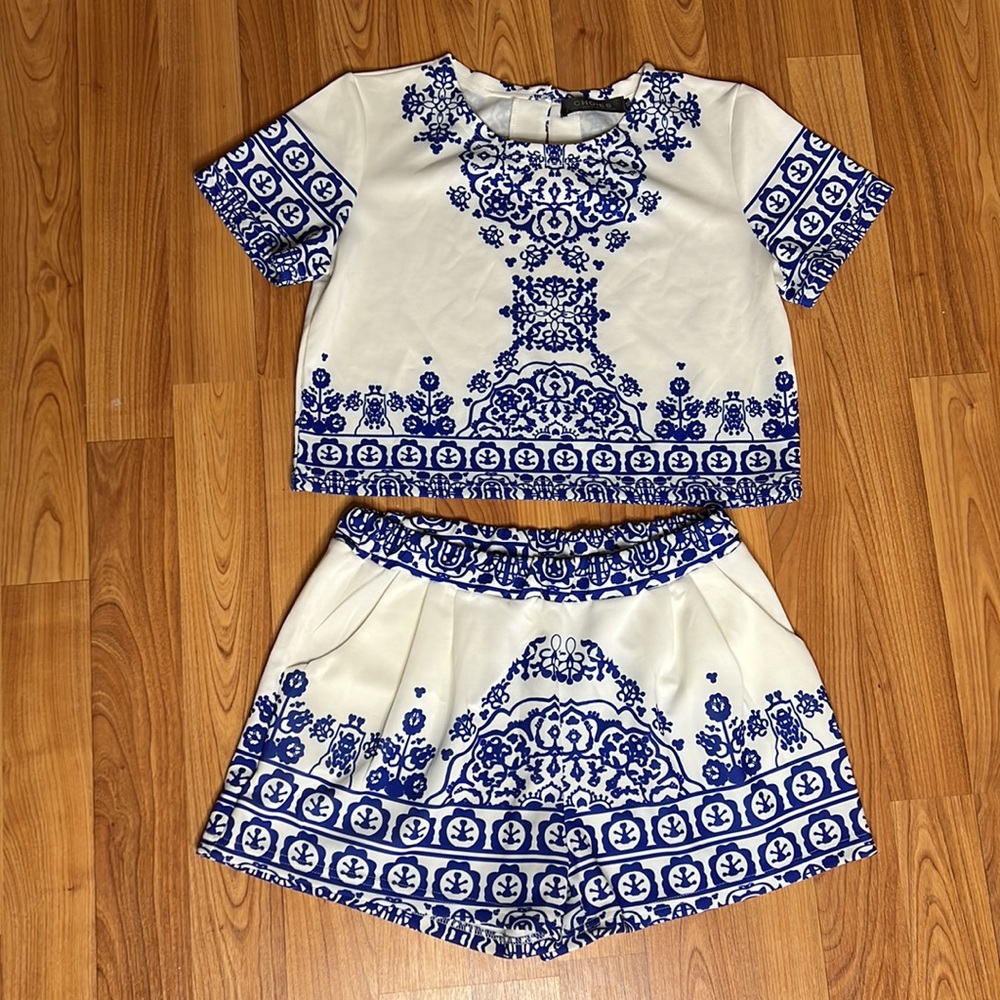 Blue and White Inkblot Printed Set | Choies -Size XL (runs small fits M-L)